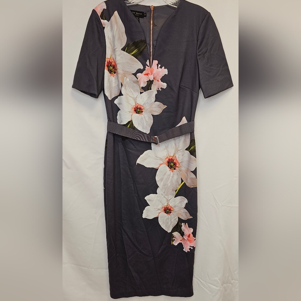 Ted Baker London Charcoal Dress with Pink and White Floral Accents